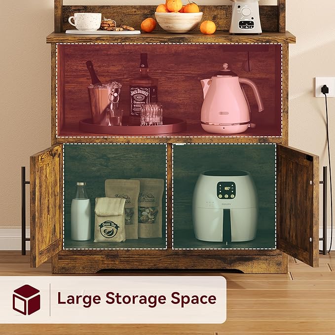 IDEALHOUSE Bakers Rack With Storage Cabinet, Microwave Stand With Power Outlets, Farmhouse Bakers Rack With Thick Table Top, Small Kitchen Pantry Hutch Bakers Rack for Kitchen, Dining Room,Retro Brown