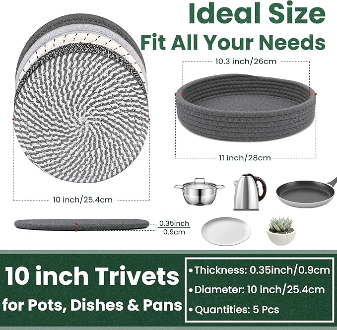 10 Inch Trivets for Hot Dishes, Hot Pots and Pans, Extra Large Thick Heat Resistant Large Coaster, Hot Pads, Kitchen Essentials, Pot Holders for Countertop with Storage Basket, 5 Pcs