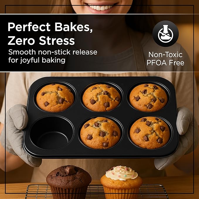 Wrenbury Jumbo Muffin Pan 6 Cup - Nonstick XL Deep Muffin Pan for Baking 3.75" Cup - Oversized Extra Large Cupcake Mold - Dishwasher Safe - PTFE Free - 446°F Oven Safe