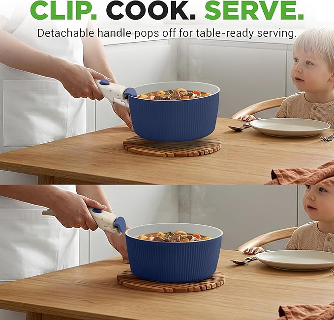 NutriChef 18-Piece Ceramic Cookware Set with Detachable Handles, Non Stick Pots and Pans, PTFE-Free Natural Ceramic Coating, Space-Saving Design, Oven & Stove Safe, Includes Utensils, Blue