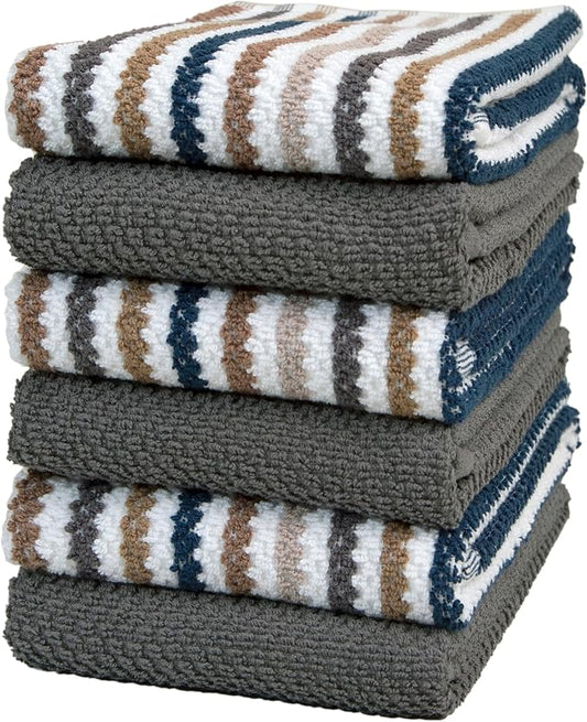 Premium Kitchen Towels (16”x 26”, 6 Pack) | Large Cotton Kitchen Hand Towels | Popcorn Striped Design | Dish Towels | 430 GSM Highly Absorbent Tea Towels Set with Hanging Loop | Gray