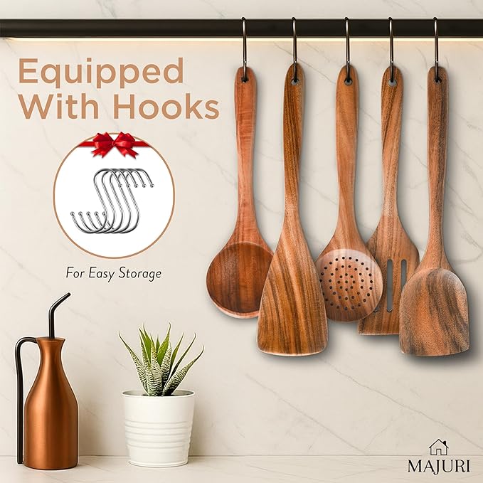 10-Piece Wooden Utensil Set with Holder, Spoon Rest & Hooks – Durable Non Toxic Cooking Utensils - Wooden Spoons for Cooking, Ideal Kitchen Utensil Set for Cooking Enthusiasts & House Warming