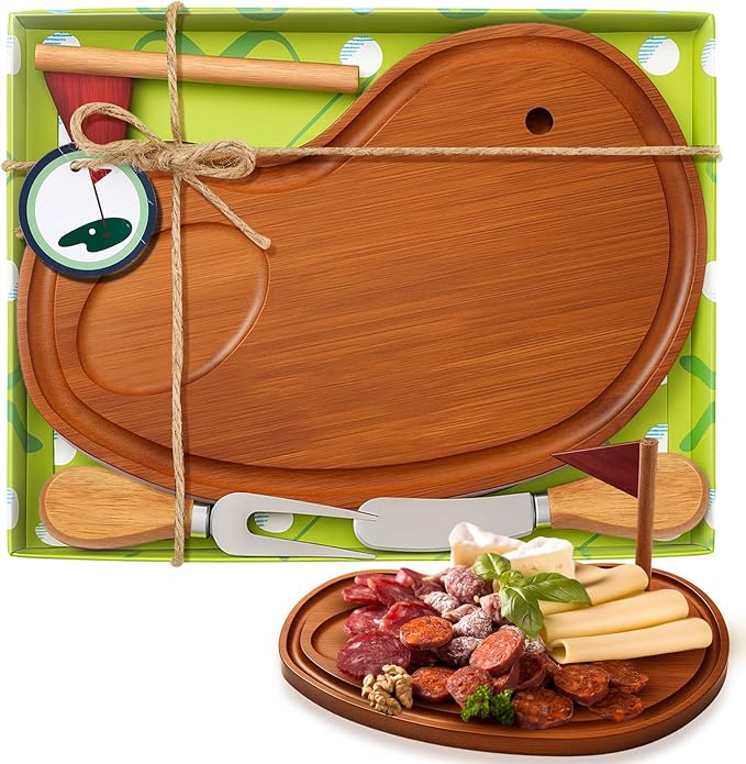 Ziliny Golf Cheese Board Gift Set Party Favor Prizes Charcuterie Wood Board with Knives and Box Father Day Gift for Dad Grandpa Party Tournament Game(9.8" x 7.7", Carbonized Color)