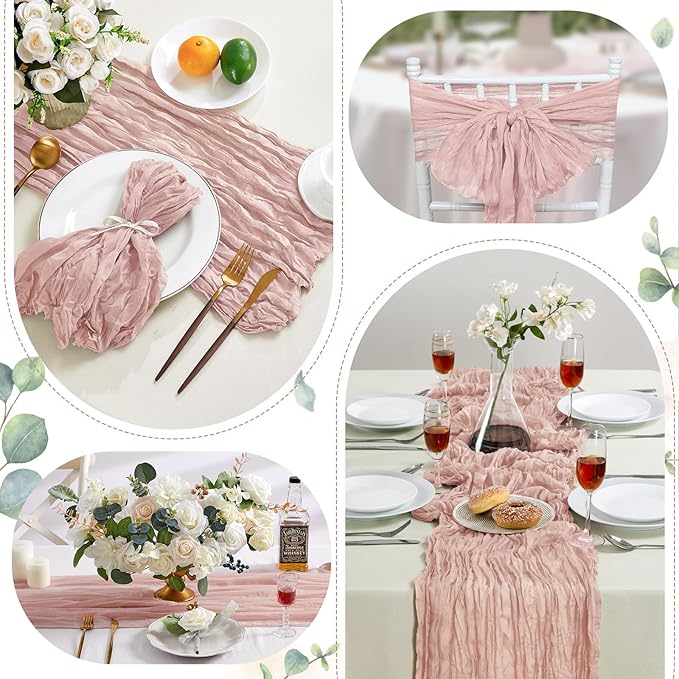 6 Pack Dusty Pink Valentine's Day Cheesecloth Table Runner 10FT Long Boho Gauze Table Runner Rustic Sheer Runner for Wedding Bridal Baby Shower Birthday Holiday Party Table Decor Easter Decorations