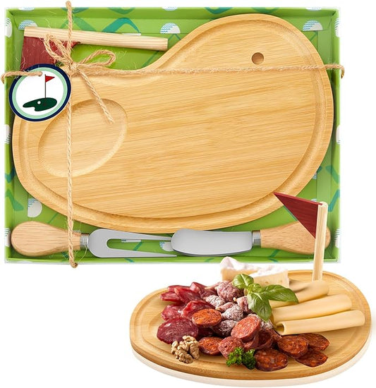 Ziliny Golf Cheese Board Gift Set Party Favor Prizes Charcuterie Wood Board with Knives and Box Father Day Gift for Dad Grandpa Party Tournament Game (9.8" x 7.7", Bamboo Color)