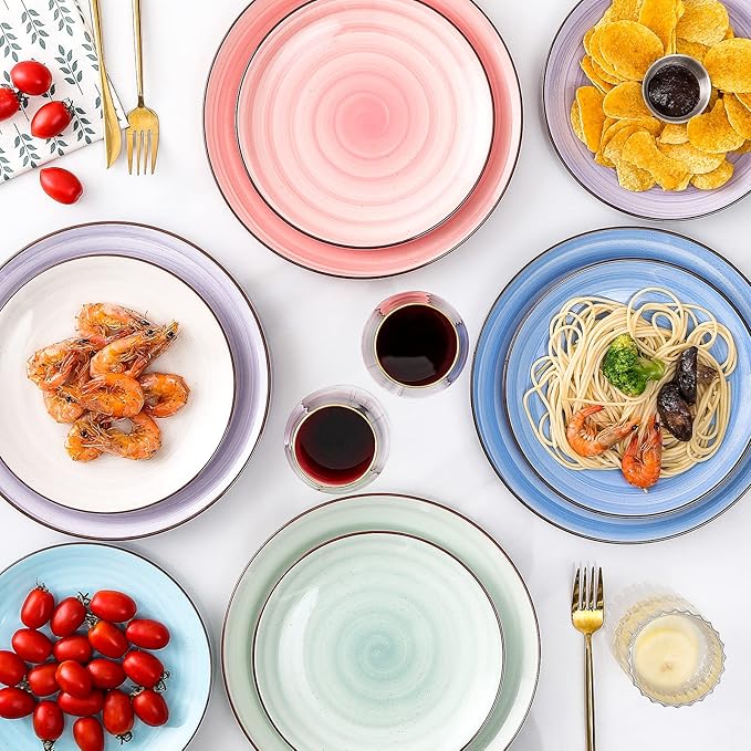 KitchenTour Large Ceramic Dinner Plates, 10 Inch Porcelain Serving Plate for Salad, Dessert Pizza Steak Pasta Plates Set, Dishwasher and Microwave Safe - Set of 6, Assorted Warm Colors