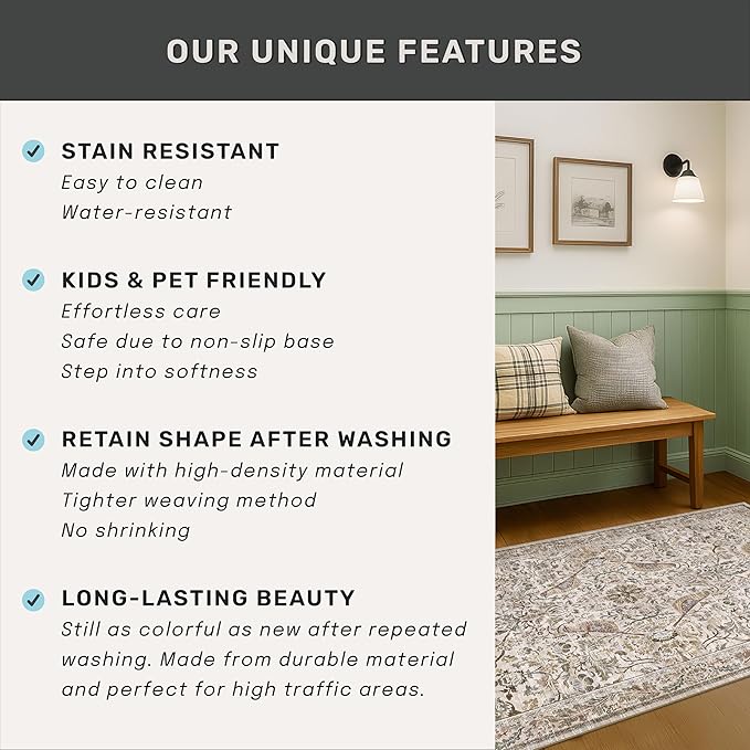 Moss Washable Dining Room Rug, 6x9 Floral Area Rug for Living Room, Boho Farmhouse Décor Low Pile Soft Bedroom Carpet, Brown Taupe Home Décor, Non Slip & Stain Resistant