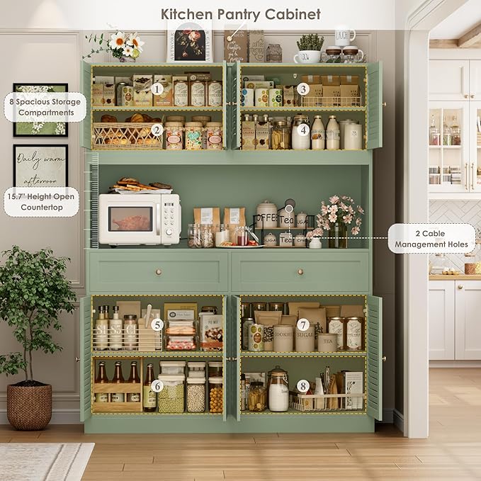 HIFIT 71" Hx55''W Large Kitchen Hutch Storage Cabinet, Farmhouse Coffee Bar Hutch with Microwave Stand, Tall Kitchen Pantry Cabinet with Louvered Doors, 2 Cable Holes, 2 Drawers, Green