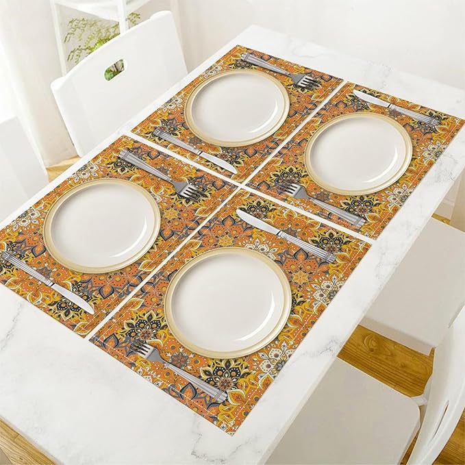 Mandala Placemats Set of 4 Vintage Bohemia Orange Flower Art Printed Dining Table Mats for Restaurant Home Kitchen Holiday Picnic Party Decor 12x18in
