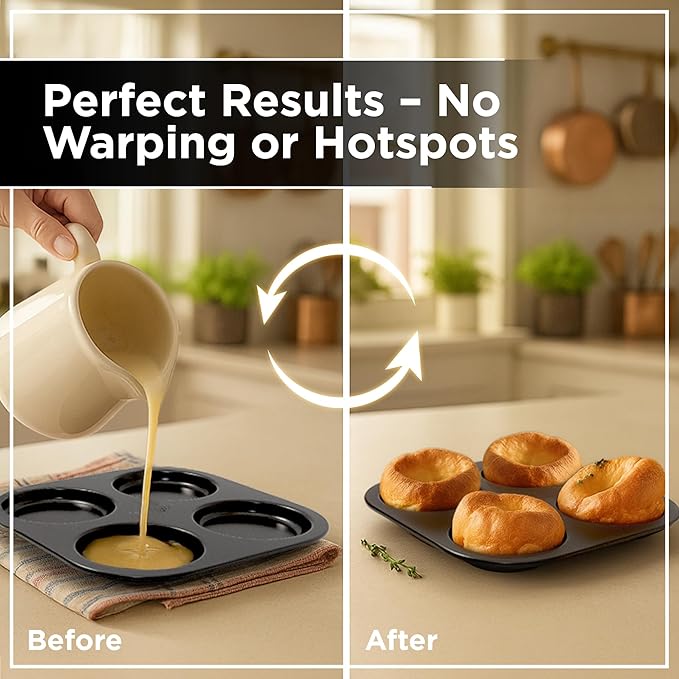 Wrenbury Large Yorkshire Pudding Pan Heavy Duty - Non-Stick for Perfect, Easy Release Puddings 4 inch - Even Heating, Non-Stick Coating Tray - 10 Year Guarantee