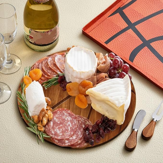 Ziliny Basketball Cheese Board Gift Set Party Favor Prizes Charcuterie Wood Board with Knives and Box Father Day Gift for Dad Grandpa Party Tournament Game (Acacia Wood, Basketball)