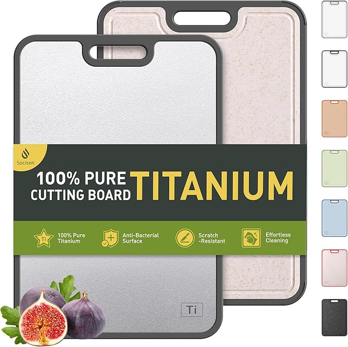 2 in 1 Pure Titanium Cutting Boards for Kitchen Non Toxic Chopping Board with Handle Large Big Small Kitchen Meat Butcher Block Not Stainless Steel Wood Bamboo Plastic Silicone Acrylic Teak Sink