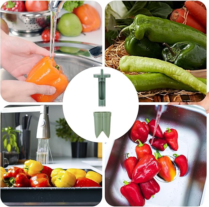 2pcs Pepper Corer, 4.45x2.2x2.2in/11.3x5.6x5.6cm ABS Material Pepper Deseeder 2 in1 Fruit Corer Cutter Kitchen Essential for Kitchen Home Family Camping(Green)