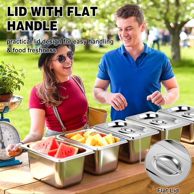 West Bay 6 Pack 1/9 Size Hotel Pan with Lids, 4'' Deep Steam Table Pan with Lid, 5.3'L x 2.7''W Stainless Steel Pans for Home, Party, Hotel, Buffet