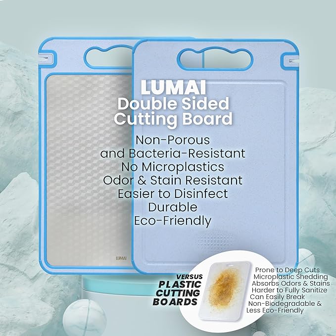 LUMAI Blue Stainless Steel Cutting Board for Raw Meat & PP Wheat Straw for Fruits, Veggies & Bread, Non Toxic Cutting Board for Kitchen w/Knife Sharpener, Stainless Steel Chopping Boards for Kitchen