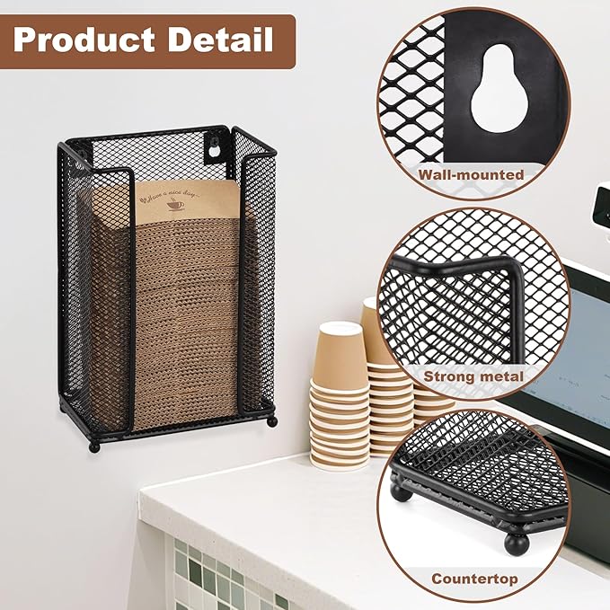 Coffee Cup Sleeve Holder Wall Mount or Countertop, Paper Cup Sleeve Organizer Dispenser for Coffee Station Bar Restaurant Breakroom, Black