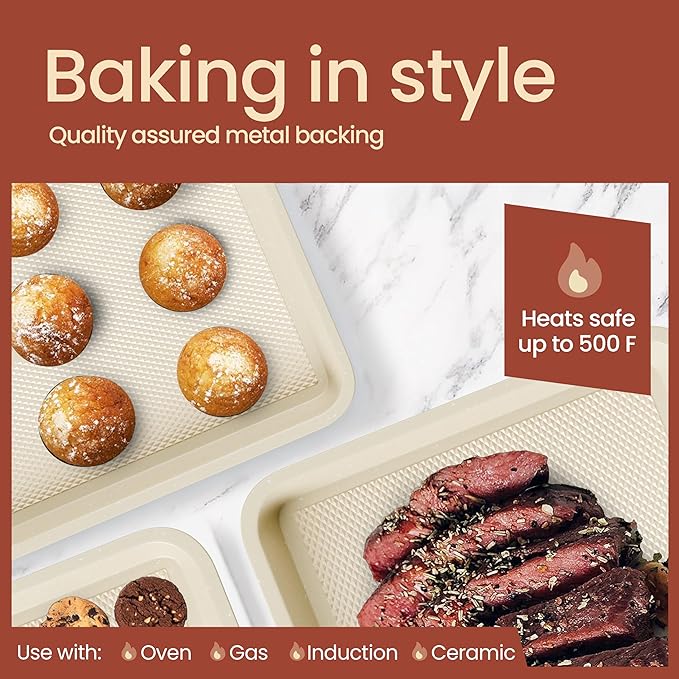 BAKKEN Kitchen Baking Pan - Small, Medium, and Large Cookie Pan (13.58×9.65, 15.75×11, 17.91×12.60), Nonstick, Diamond Texture Bottom, PFOA, PFOS, PTFE Free, Oven Safe (450°F), Pack of 3, White Marble
