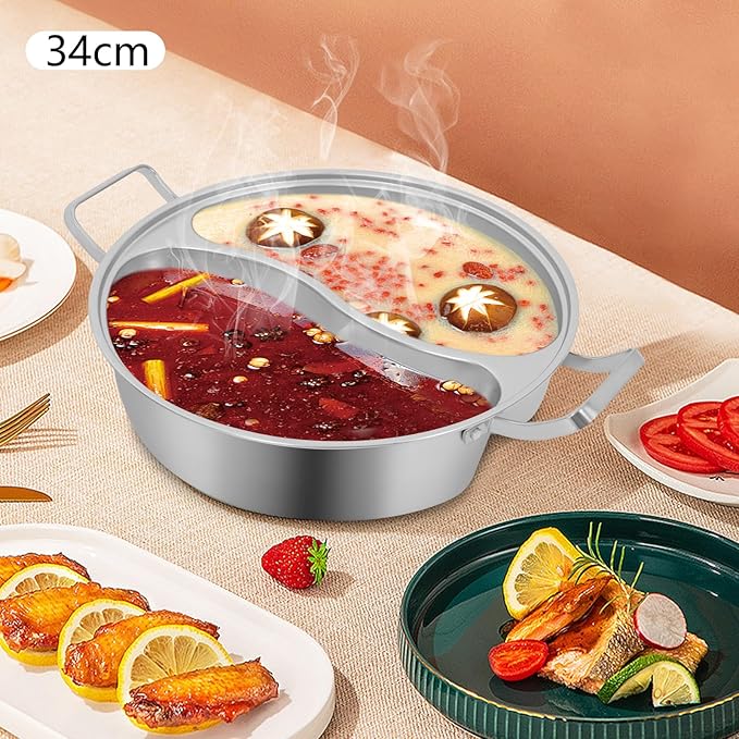 Double-flavor Hot Pot, Stainless Steel Soup Cookware with Divider & Clear Lid, for Induction Cooktop, Gas Stove & Hot Burner Shabu Pot with Cooking Pot for Family Gathering Home Camping Party (12.8in)