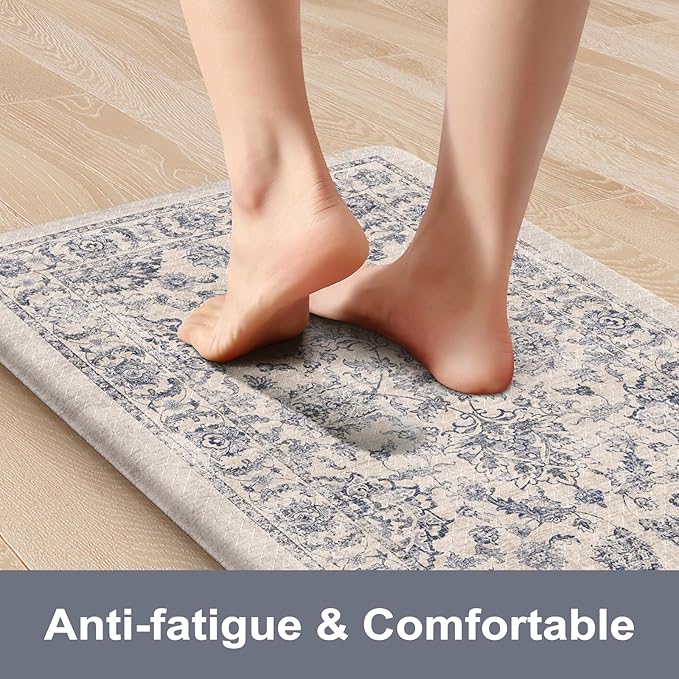 KIMODE Kitchen Mats for Floor Cushioned Anti Fatigue 2 Piece,Boho Floral Kitchen Rugs Non Slip 20" x 59"+20" x 32",Wide Memory Foam Kitchen Mat Carpet for Laundry Office Home,Blue