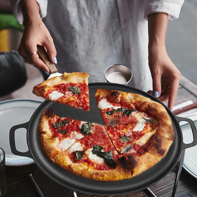NutriChef 13-Inch Flat Cast Iron Pizza Pan - Versatile Pre-Seasoned Round Cooking Griddle w/Built-In Handles for Oven, Grill, Stove, and Campfires - Includes 2 Heat Safe Silicone Grips