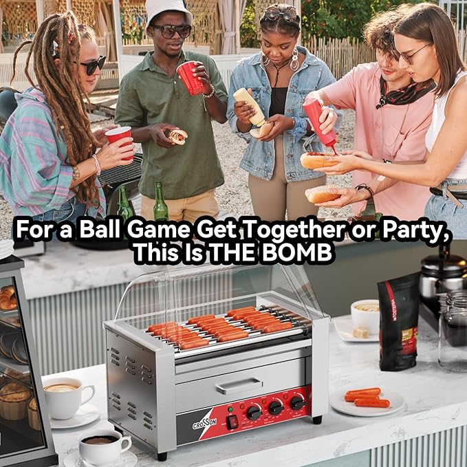 CROSSON Hot Dog 7 Roller with Bun Warmer&Transparent Sneeze Guard,Commercial 7 Nonstick 304 Roller Grill Cooker Machine