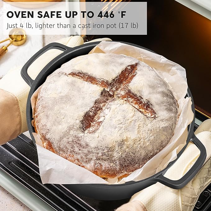 INSETFY Nonstick Dutch Oven Pot with Lid-5 QT Cast Aluminum Oven Pot with Two Handles Lightweight for Bread Baking Braising and Roasting(Black)