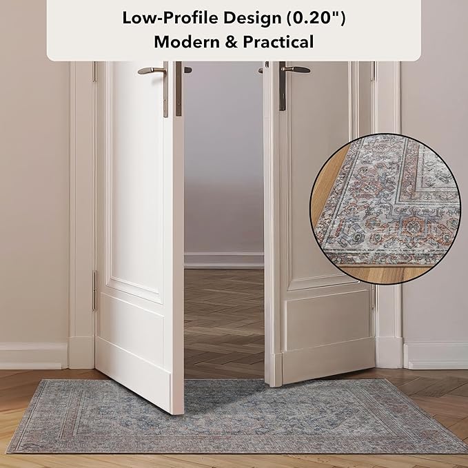 Kuden 2'6"x10 Runner Rug, Machine Washable Area Rug with Non-Slip Backing, Vintage Style, Soft, Easy Clean, Low Pile Rug for Hallway, Entryway, Kitchen, Bedroom