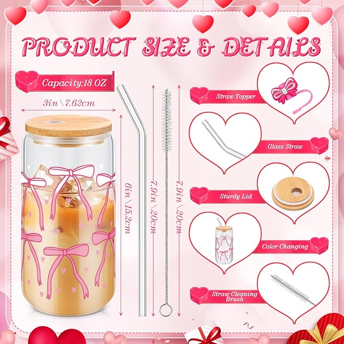 Skylety 4 Pcs Color Changing Glass Cups, 16 oz Cute Coquette Pink Bow Iced Coffee Tumblers with Lids and Straws Reusable Drinking Glasses Jars Cute Gifts for Girls