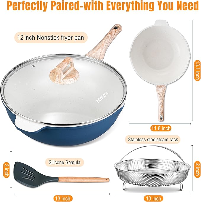 AOSION 11 Inch Nonstick Ceramic Deep Frying Pan Skille with Lid,5QT Sauté Pan for Cooking with Steam Rack,Healthy Large Skillet,Stay Cool Handle, Induction Compatible, PFOA & PFAS Free. (12IN-BLUE)