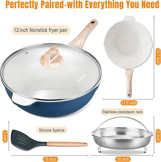 AOSION 11 Inch Nonstick Ceramic Deep Frying Pan Skille with Lid,5QT Sauté Pan for Cooking with Steam Rack,Healthy Large Skillet,Stay Cool Handle, Induction Compatible, PFOA & PFAS Free. (12IN-BLUE)