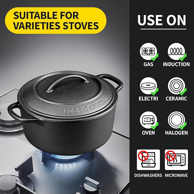 EDGING CASTING Pre-Seasoned Cast Iron Dutch Oven Pot with Lid Dual Handle, Sourdough Bread Baking Pots， Round 5 Quart, Black
