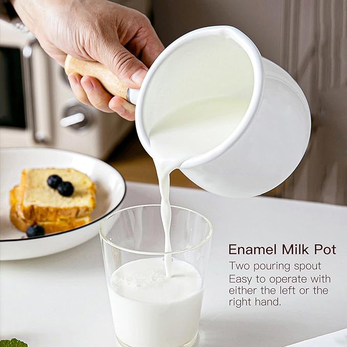 Enamel Milk Pot, Small Saucepan Milk Pot Butter Warmer 4 Inch 17 Oz Enamel Small Sauce Pan with Wooden Handle, Perfect Size for Heating Smaller Liquid Portions. (White）