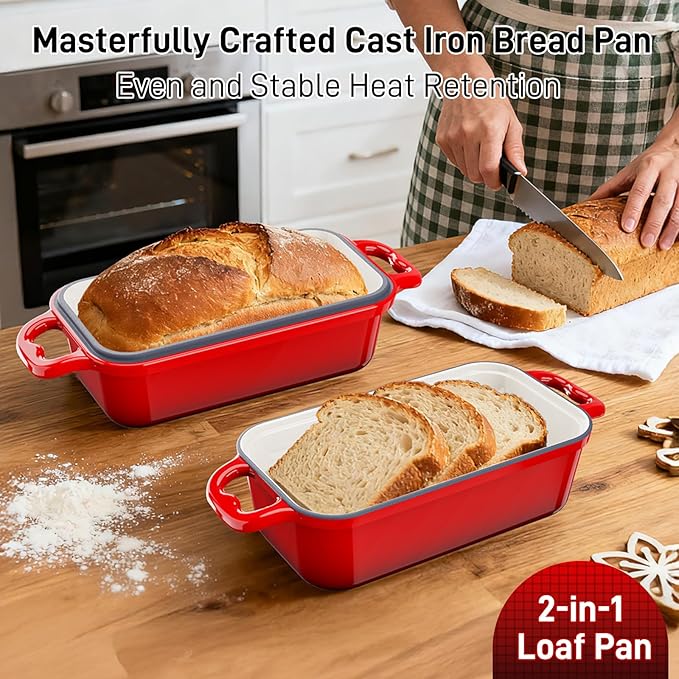 DYCYRQ Enameled Cast Iron Dutch Oven for Sourdough Bread Baking, 9 x 5Inch Oval Cast Iron Bread Pan with Lid, 2PCS Dutch Oven for Homemade Sourdough Baking, Meatloaf Pan, Oven Safe, Red