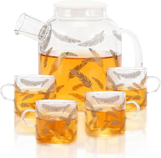 QUANSHNAGJU 5 Piece Glass Tea Pot Set, Golden Maple Leaf Pattern Glass Teapot 25.4oz 750ml With 4 Cups 5.4oz 160ml Stovetop Safe Teapot For Loose Leaf Tea, Perfct As Tea Gift Sets.