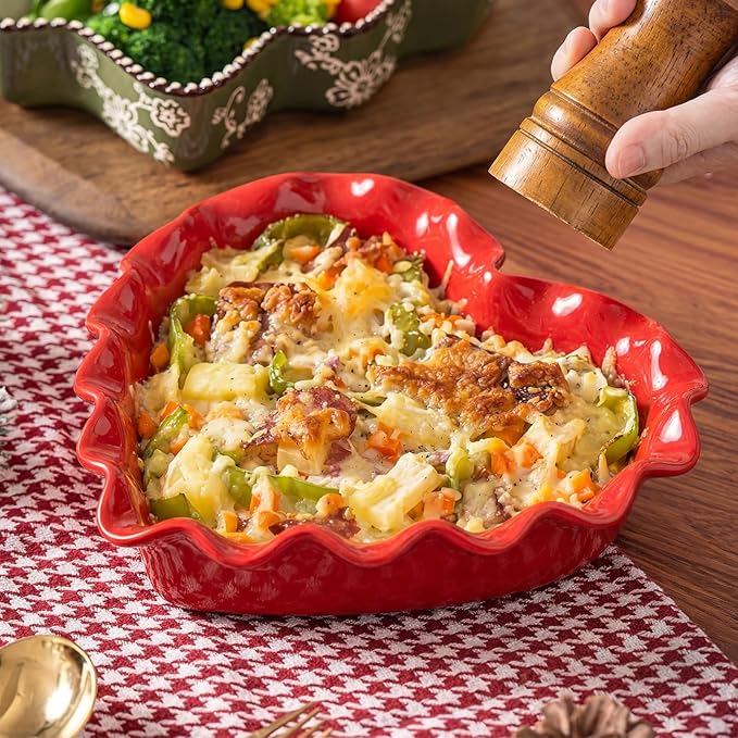 FoldTier 9in Valentine's Day Heart Shaped Deep Pie Dish 2.6in Ceramic Ruffle Heart Pie Pan Baking Dish for Valentine Wedding Anniversary Party Apple Quiche Pot Pies Tart for Microwave Oven(Red)