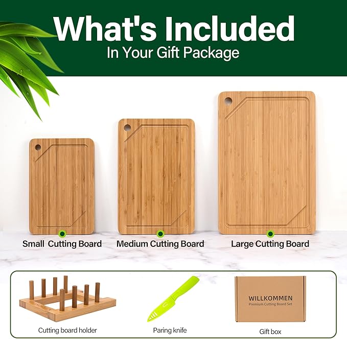 Bamboo Cutting Board Set of 3, Cutting Boards For Kitchen with Juice Groove, Bamboo Chopping Board Set, Serving Board Set for Meat, Vegetable and Cheese