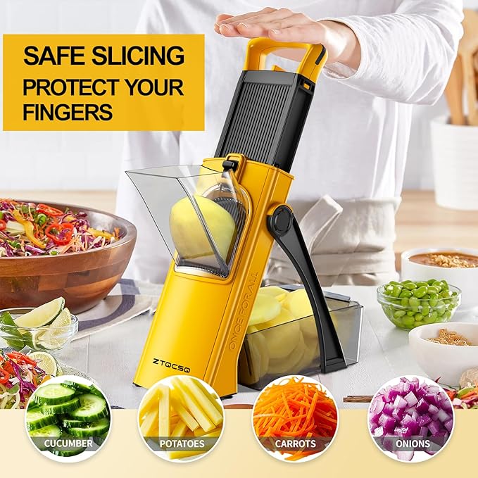 [All in 1] Upgraded Version Safe Mandoline Slicer for Kitchen, Adjustable Thickness. and Spiralizer, Veggie Slicer, Rapid Prep Mandoline, Detachable Blade, Cleaning Brush (Yellow)