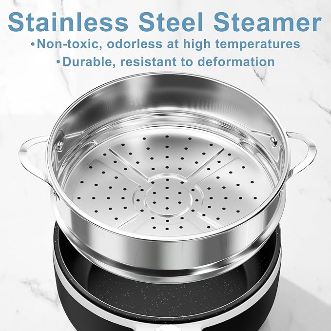 Dezin Hot Pot Electric with Steamer Upgraded, Non-Stick Sauté Pan, Rapid Noodles Electric Pot, 1.5L Mini Pot for Steak, Egg, Fried Rice, Ramen, Oatmeal, Soup with Power Adjustment