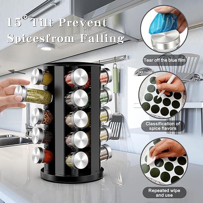 Rotating Spice Rack Organizer for Cabinet, Spice Racks Storage with 20 Jars, Spinning Spice rack for Kitchen Countertop, Spice Holder,Seasoing Storage Racks, Silver