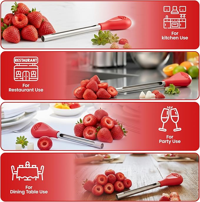 Iconikal 2-Pack Strawberry Huller and Pitter, Stainless Steel Core Remover, 5-inch, Red Handle
