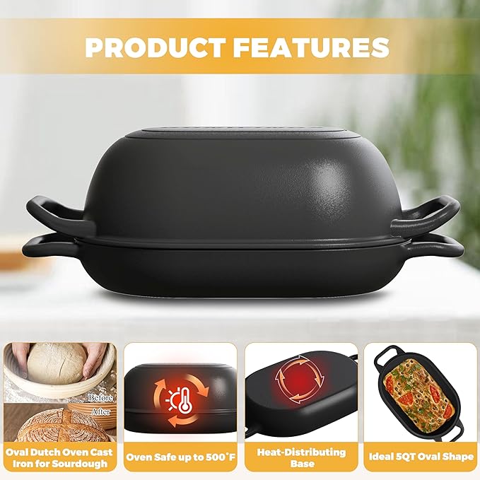 GdnWings Oval Dutch Oven for Bread Baking 12 x 8 Inch, Pre-Seasoned Cast Iron Bread Oven for Sourdough, Dutch Oven Bread Loaf Pan for a Crispy Crust, 5QT