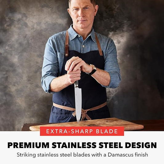 GreenPan x Bobby Flay 8" Chef's Knife with Sheath, Premium Stainless Steel Blade, Precision Cutting Kitchen Tool, Ultra-Sharp Cutlery, Hand Finished Ergonomic Wood Handle, Damascus Steel Design