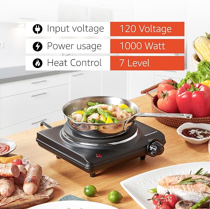 Elite Gourmet Countertop Electric Burner, 1000W Cast Iron Hot Plate, 7 Heat Settings, Portable Cooktop for RV, Dorm, Office & Small Kitchens, Road-Ready & Compact