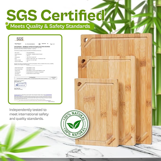 DaviGreen Bamboo Cutting Board Set of 3, 0.6-Inch Thick, Juice Groove, Hidden Handles, Reversible Bamboo Boards for Kitchen Prep & Serving
