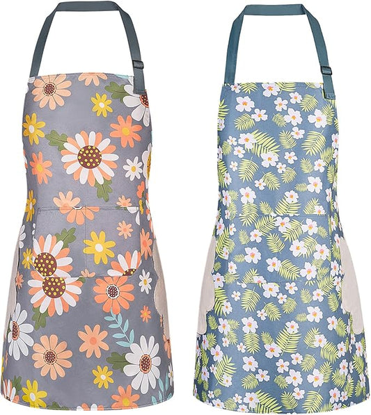 DILLMAN 2 Pack Floral Aprons with Pocket Blooming Womens Waterproof Adjustable Cooking Aprons Kitchen Gardening Salon