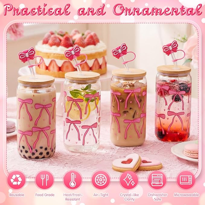 Skylety 2 Pcs Color Changing Glass Cups, 16 oz Cute Coquette Pink Bow Iced Coffee Tumblers with Lids and Straws Reusable Drinking Glasses Jars Cute Gifts for Girls