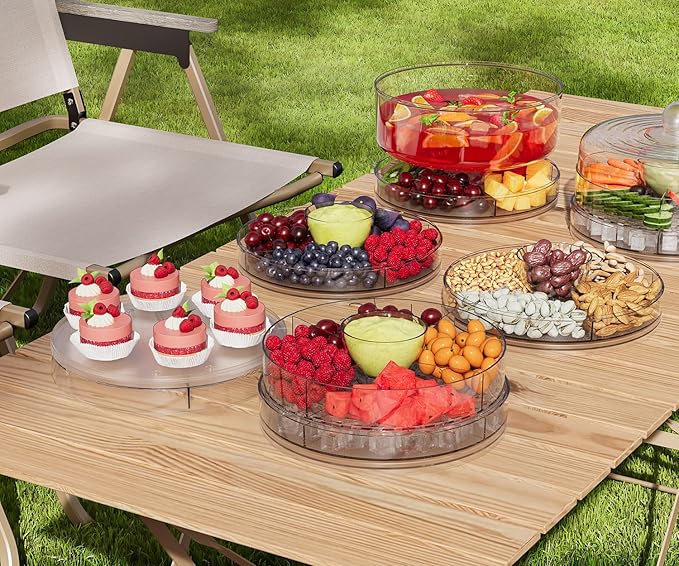 4-in-1 Small Mini Premium Rotating Chilled Serving Tray, 9.05" Ice-Cooled Party Platter with 4 Compartments – Perfect for Fruit, Cake, Desserts, and Shrimp Cocktails – Keeps Food Fresh & Cool
