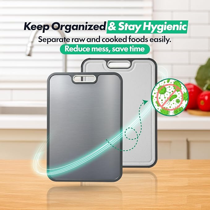 Titanium Cutting Board 16"x11" – Double-Sided, Non-Porous Kitchen Prep Board with Juice Groove & Built-In Garlic Grater, Knife-Friendly & Easy to Clean