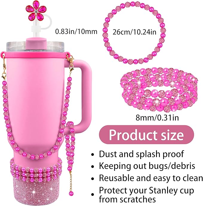 9PCS Hot Pink of Stanley Cup Accessories Set 30/40 OZ Bling Pearl Rhinestones Charms for Stanley Decorations Tumbler Accessories Including Flower Straw Topper, Rhinestones Boot 30/40 OZ