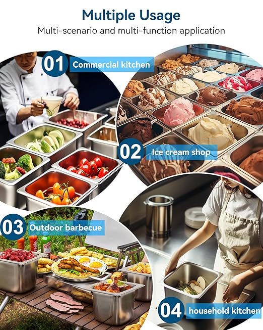 ZeroPone 6 Pack Hotel Pans 1/6 Size 4" Deep Steam Table Pan 22 Gauge Anti Jam Stainless Steel Hotel Food Pan